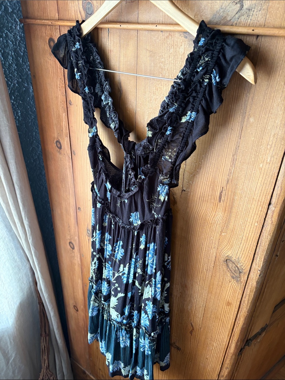 Free People Black Floral Backless Ruffle Dress with Blue and Cream Flowers - Picture 5 of 5